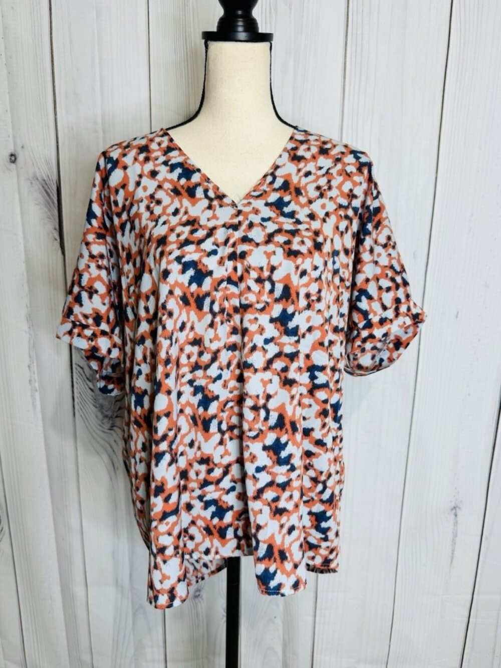 Jodifl Womens Sz M Short Sleeve V-Neck Blouse Navy Orange Light Blue Lightweight